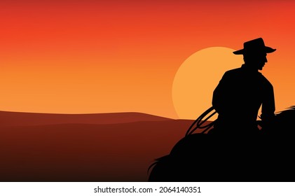 horseback cowboy with lasso against dramatic sunset sky - wild west ranger riding horse vector silhouette copy space design svg