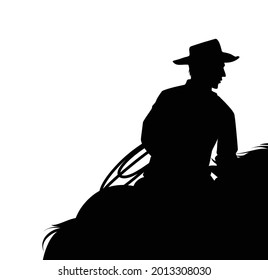 horseback cowboy with lasso - wild west ranger riding horse black and white vector silhouette copy space design