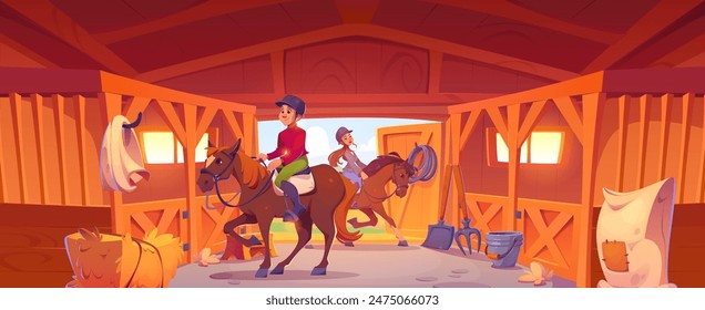 Horseback female and male riders in ammunition entering to stable on horse with saddle and bridle. Jockey on equine animal in farmhouse with wooden stall and hey stack. Equestrian creatures care.