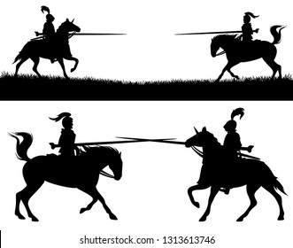 Horseback Knights Fighting In A Jousting Tournament - Black Vector Silhouettes Of Warriors With Pikes Riding Horses