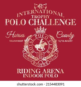 Horseback polo sport international challenge  vector print for boy man shirt grunge effect in separate layers