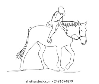 Horseback rider in continuous line art drawing style. Equestrian sport black linear sketch isolated on white background. Vector illustration