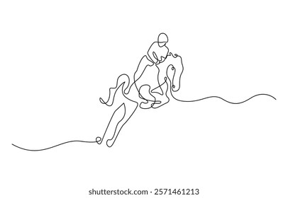 Horseback rider in continuous line art drawing style, Continuous one line drawing. Horse and rider on horseback logo. Black and white vector illustration.