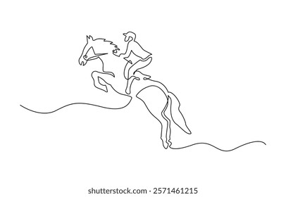 Horseback rider in continuous line art drawing style, Continuous one line drawing. Horse and rider on horseback logo. Black and white vector illustration.