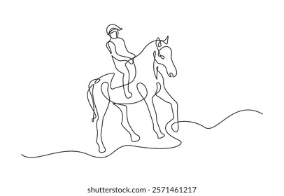 Horseback rider in continuous line art drawing style, Continuous one line drawing. Horse and rider on horseback logo. Black and white vector illustration.