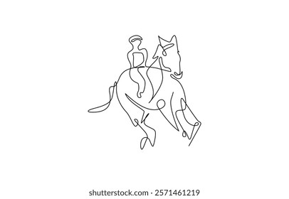 Horseback rider in continuous line art drawing style, Continuous one line drawing. Horse and rider on horseback logo. Black and white vector illustration.