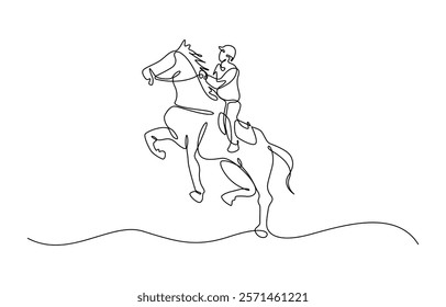 Horseback rider in continuous line art drawing style, Continuous one line drawing. Horse and rider on horseback logo. Black and white vector illustration.