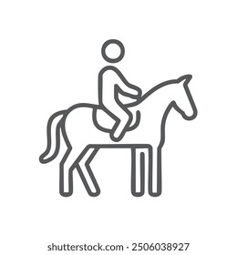 Horseback rider icon line art. A simple line art icon showing a person riding a horse. Perfect for use in websites, apps, and presentations.