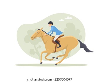 Jinete de caballo en la naturaleza, caminar en verano. Ilustración vectorial plana