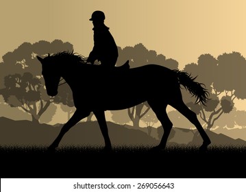 Horseback rider silhouette in nature vector background landscape freedom concept