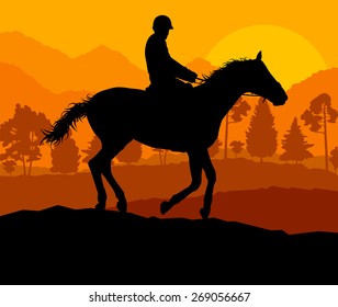 Horseback rider silhouette in nature vector background landscape freedom concept