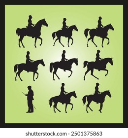 Horseback rider silhouette set Clipart on a hex color background
