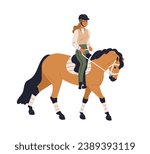 Horseback rider. Woman riding horse. Female equestrian on stallion back. Equine stroll, walk, horseriding hobby. Girl rider, horsewoman. Flat vector illustration isolated on white background