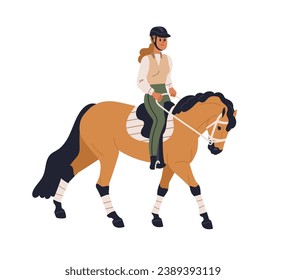 Horseback rider. Woman riding horse. Female equestrian on stallion back. Equine stroll, walk, horseriding hobby. Girl rider, horsewoman. Flat vector illustration isolated on white background