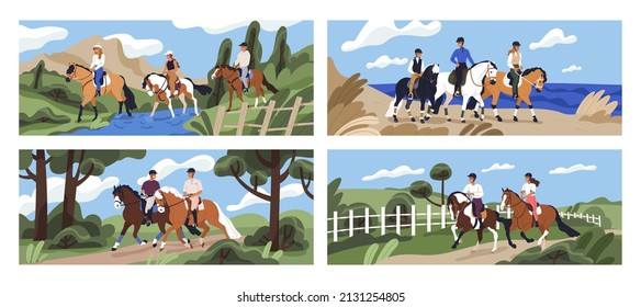Horseback riders in nature set. People riding horse, stallion backs. Landscapes with men, women in helmets during equestrian trot, walk, run in summer. Horseriding sport. Flat vector illustrations