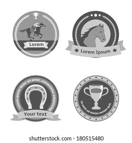 Horseback riding black badges and labels of horse rider equestrian sport dressage and horseshoe isolated vector illustration