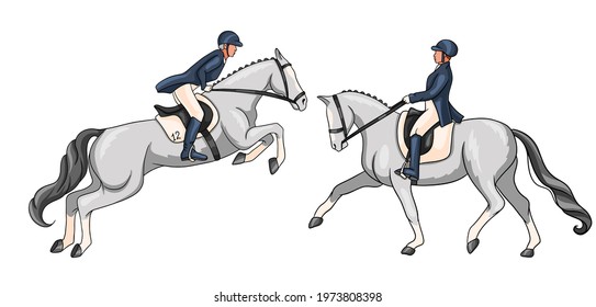 Horseback riding. Dressage and show jumping. Set. A woman riding a horse performs a dressage element and jumps over an obstacle. Vector illustration for books, logo design, postcards.
