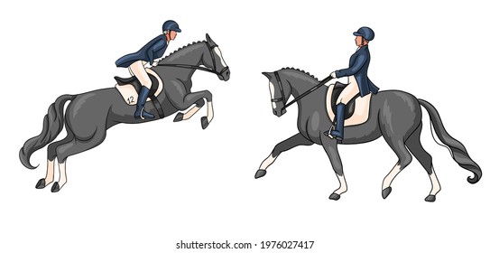 Horseback riding. Dressage and show jumping. Set. A woman riding a horse performs a dressage element and jumps over an obstacle. Vector illustration for books, logo design, postcards.