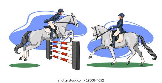 Horseback riding. Dressage and show jumping. Set. A woman riding a horse performs a dressage element and jumps over an obstacle. Vector illustration for books, logo design, postcards.