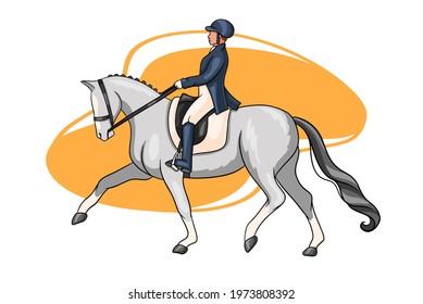 Horseback riding. Dressage. Woman riding a horse. The horse performs the dressage elemnt. Vector illustration for books, logo design, postcards.