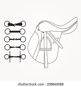 Horseback riding elements - saddle and different types of bits or snaffles. Horse supplies vector. Equine illustration.