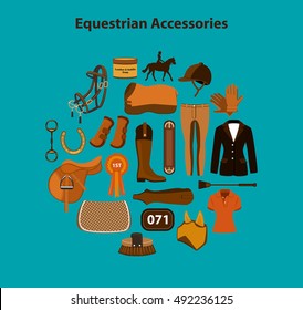 Horseback riding equestrian objects items accessories set including saddle, pad, blanket, bridle, snaffle, girth, breeches, show competition jacket, clothing, rosette, starting number, polo shirt