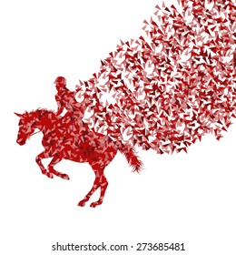 Horseback riding equestrian sport show with horse and rider vector background abstract concept made of fragments