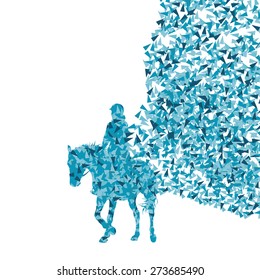 Horseback riding equestrian sport show with horse and rider vector background abstract concept made of fragments