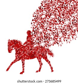 Horseback riding equestrian sport show with horse and rider vector background abstract concept made of fragments