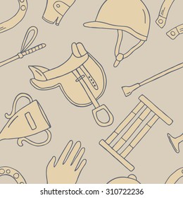 Horseback and riding essentials hand drawn seamless pattern. Doodle collection accessories for riding. Background vector