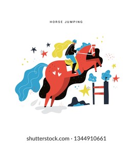 Horseback riding flat hand drawn vector illustration. Horse girl rider cartoon character. Equestrian sport. Steeplechase. Horse jumping over obstacle. Scandinavian style drawing. Isolated clipart