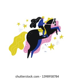 Horseback riding flat hand drawn vector illustration. Horse girl rider cartoon character. Equestrian sport. Steeplechase. Horse jumping, rearing. Scandinavian style drawing. Isolated clipart