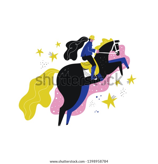 乗馬用平手描きのベクターイラスト 女の子のライダーの漫画のキャラクター 馬術競技 障害物 馬が飛び降り 飼育 北欧風の絵 クリップアート のベクター画像素材 ロイヤリティフリー