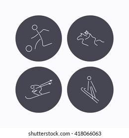 Horseback riding, football and skiing icons. Ski jumping linear sign. Flat icons in circle buttons on white background. Vector