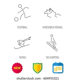 Horseback riding, football and skiing icons. Ski jumping linear sign. Shield protection, calendar and new tag web icons. Vector