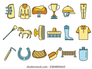 Horseback riding gear icon set. Outline set of horseback riding gear vector icons thin line color flat on white