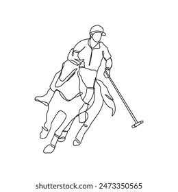 Reiten und Pferdepolo Sport One Line Art. Dauerstrickreiter.