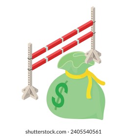 Horseback riding icon isometric vector. Money bag near equestrian fence icon. Equestrian sport, hobby