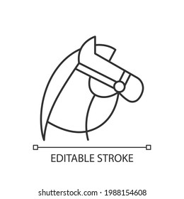 Horseback riding linear icon. Equestrian sport. Stretching muscles. Racing and jumping. Thin line customizable illustration. Contour symbol. Vector isolated outline drawing. Editable stroke