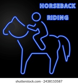 horseback riding neon sign, modern glowing banner design, colorful modern design trend on black background. Vector illustration.