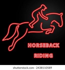 horseback riding neon sign, modern glowing banner design, colorful modern design trend on black background. Vector illustration.