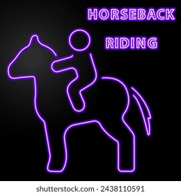 horseback riding neon sign, modern glowing banner design, colorful modern design trend on black background. Vector illustration.