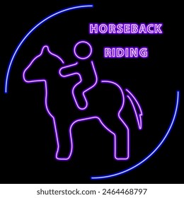 horseback riding neon sign, modern glowing banner design, colorful modern design trend on black background. Vector illustration.