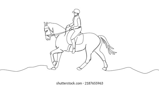 Horseback riding one line art. Continuous line drawing horse, rider, saddle, trot, horse racing, polo, sport, competition.