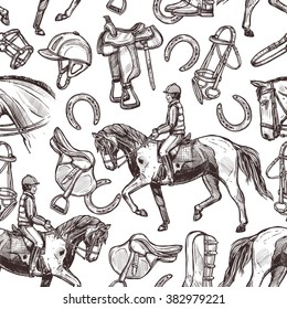 Horseback Riding Seamless Pattern With Rider And Equipment For Horses