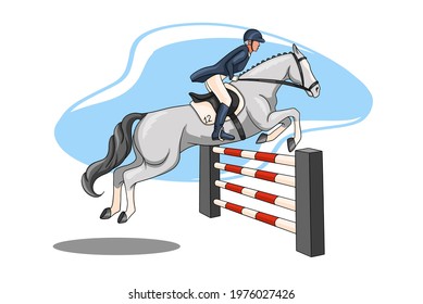 Horseback riding. Show jumping. A woman in a competition jumps on a horse over an obstacle. Cartoon style. Vector illustration for books, logo design, postcards.