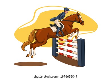 Horseback riding. Show jumping. A woman in a competition jumps on a horse over an obstacle. Cartoon style. Vector illustration for books, logo design, postcards.