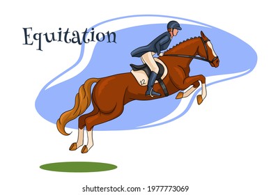 Horseback riding. Show jumping. A woman in a competition jumps on a horse. Cartoon style. Vector illustration for books, logo design, postcards.