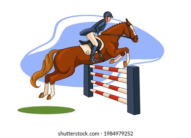 Cabalgatas. Mostrar saltos. Una mujer en una competencia salta sobre un caballo por un obstáculo. Estilo de caricatura. Ilustración vectorial para libros, diseño de logotipo, postales.