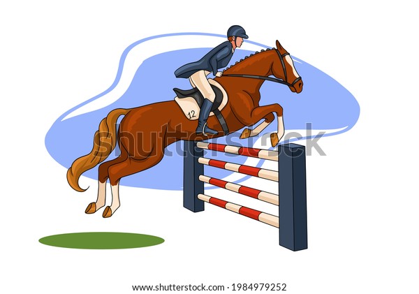 Horseback riding. Show jumping. A\
woman in a competition jumps on a horse over an obstacle. Cartoon\
style. Vector illustration for books, logo design,\
postcards.